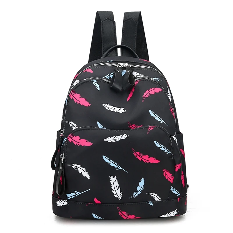 

Women Waterproof Oxford Cloth Travel Backpack Nylon Anti-theft Feathers Printing Double Shoulder Backpacks Bags