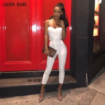 

Leger Babe 2019 New Arrivals Night Out White Bandage Jumpsuit Women Sexy Spaghetti Strap Party Strappy Rompers