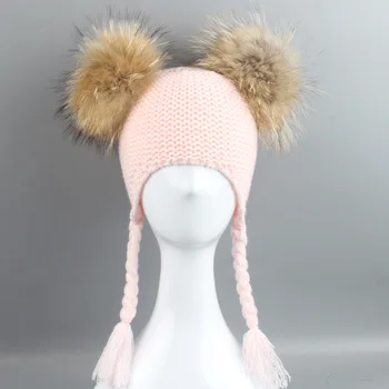 

Children Acrylic Bomber Hats 15CM Raccoon Fur Poms Poms Hat Girls Winter Warm Caps Fashion Headgear LF4142