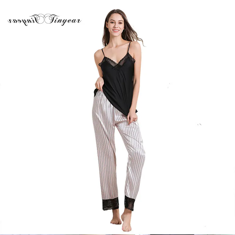 Tinyear Summer Silk Satin Sleepwear Suit Pyjamas Plus Size M-2XL Sleeveless Women nightwear Set Casual home wear | Женская одежда