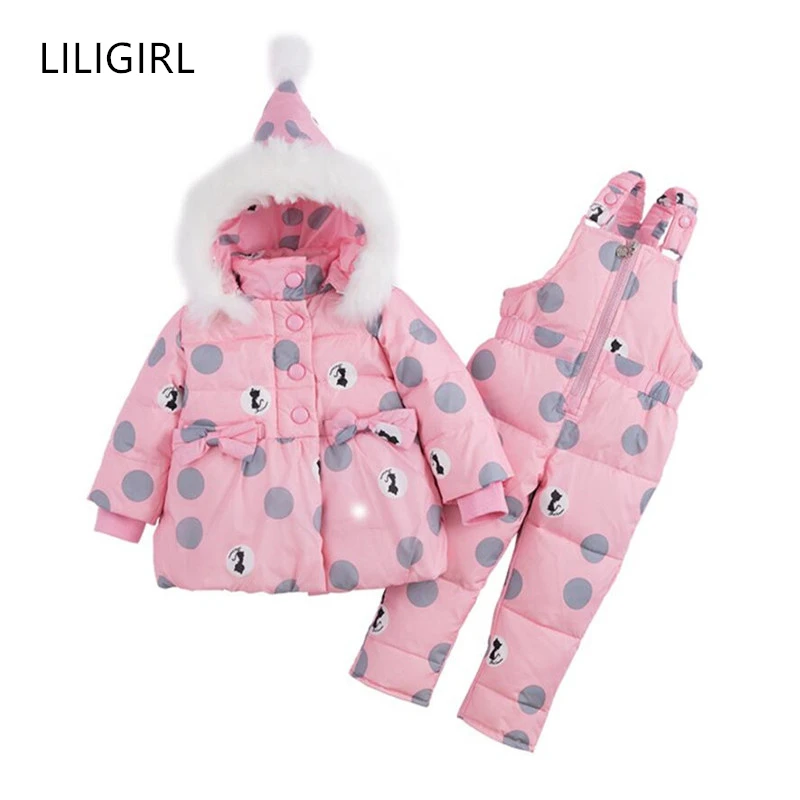 

LILIGIRL Newborn Baby Down Clothes Sets 2018 Winter New Kids Warm Print Jacket+Pants Overalls Suit for Girls Boys Thick Costume