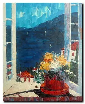 

Hand Painted Impressionist Landscape Oil Painting Flowers on the windowsill Home Decoration Living Room Wall Pictures