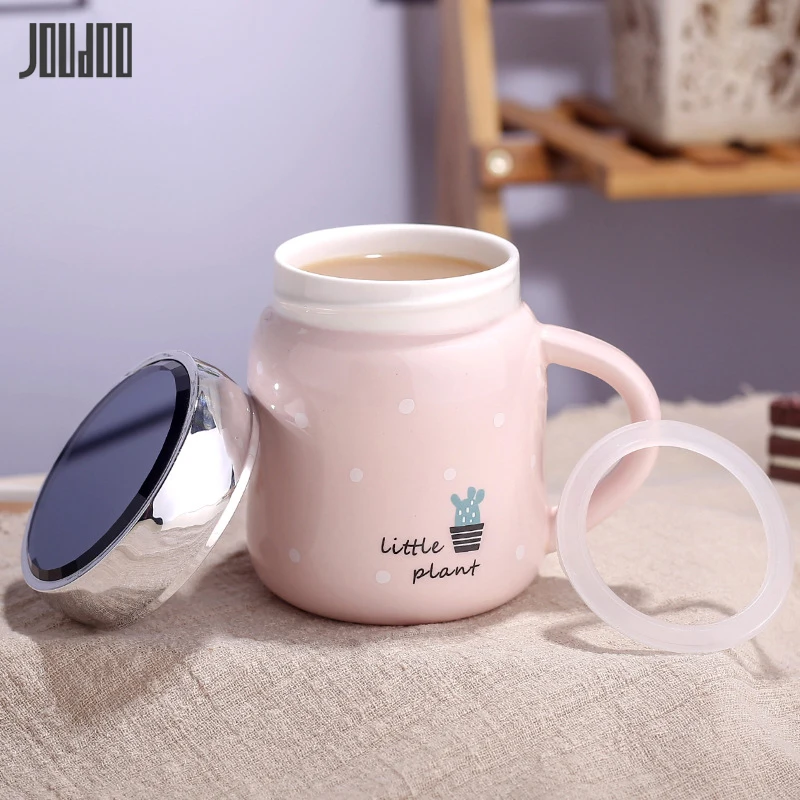 

JOUDOO Cartoon Ceramic Coffee Mug 400ML Cute Water Bottle Lady Girl Office Home Student Tea Drinkware Cup With Lid As Mirror 35