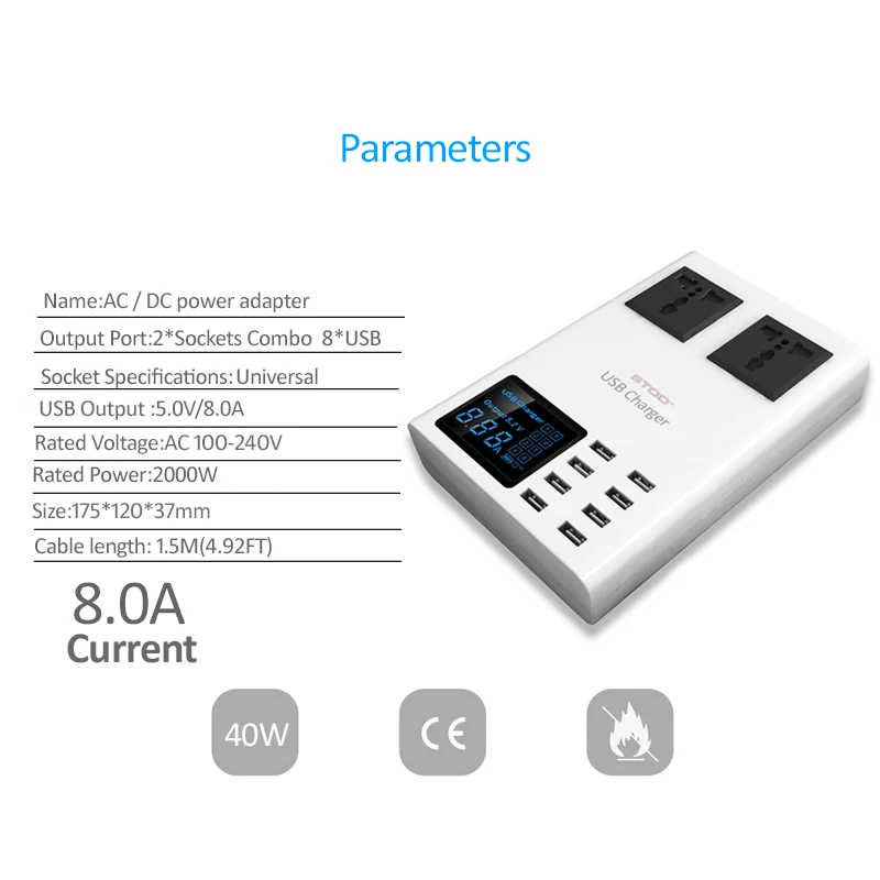 STOD 8 портов Смарт USB зарядное устройство 40 Вт Светодиодный дисплей мощность полосы переменного тока на выходе Защита от перенапряжения для iPhone iPad samsung huawei Mi адаптер