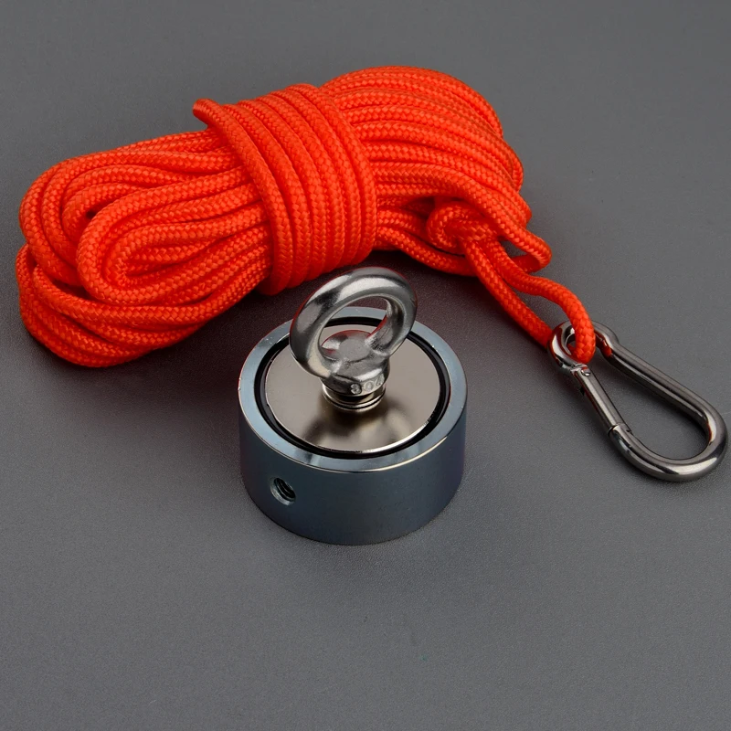 Kaufen Doppelseitige 120Kg Super Imanes Neodym N52 Magnet Starke Suche Magnet Magnetische Material Basis Angeln Magneten mit 15M seil