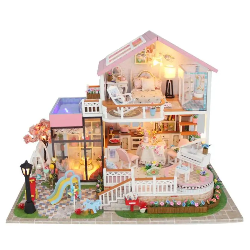 

Handicraft DIY Dollhouse Toy Light Blue Beach Assembly Building Model House Wooden Miniature Dollhouse with Dust Cover 5 Style