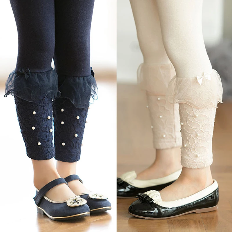 

2018 Spring Autumn 2-10 Year Children White Dark Blue Beige Long Capri Pants Pears Bow Lace Little Baby Kids Girl Basic Leggings