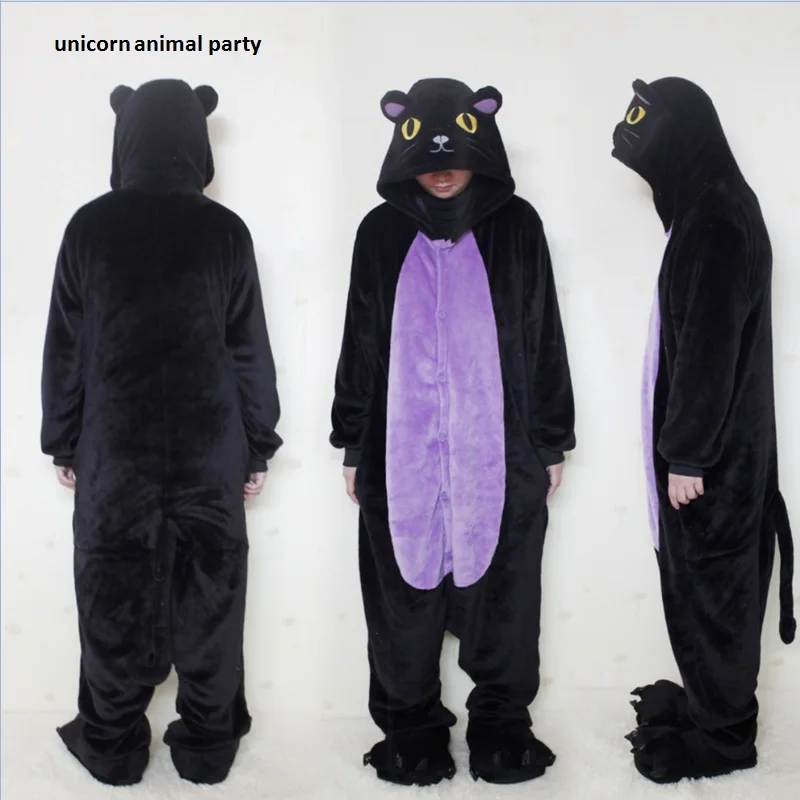 Кигуруми косплей взрослых Onesie Черный кот пижамы Полуночный костюм унисекс