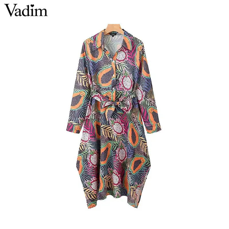 

Vadim women vintage fruit print midi dress long sleeve sashes bow tie design split female mid calf dresses chic vestidos QB726