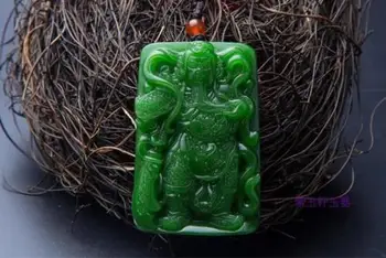

Koraba Fine Jewelry Natural Green Hand-carved Chinese Hetian Jade Guan Yu Pendant + Rope Necklace Free Shipping