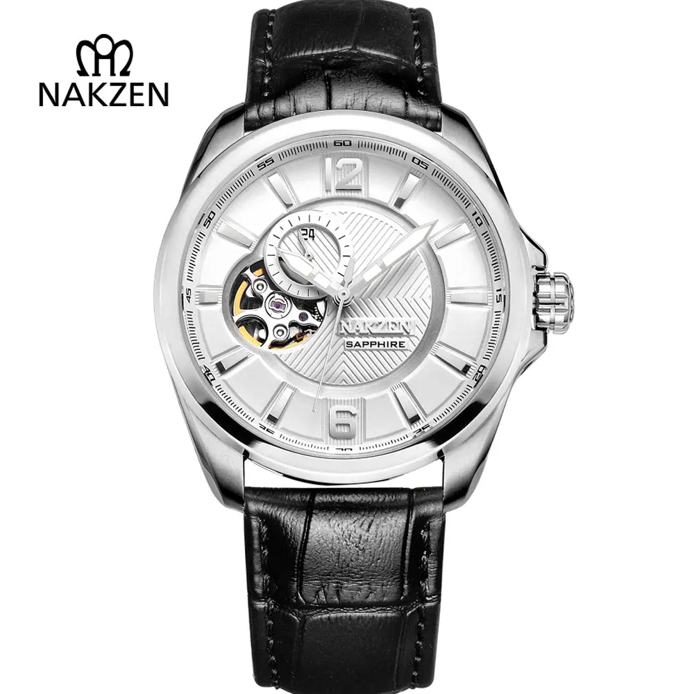 

NAKZEN Mens Skeleton Automatic Watch Man Leather Strap Mechanical Clock Gents Fashion Sapphire Tourbillon Waterproof 50M Watches