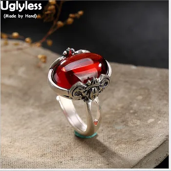 

Uglyless Real 990 Fine Silver Women Dress Jewelry Handmade Engraved Bat Finger Rings Luxury Natural Chalcedony Oval Opening Ring