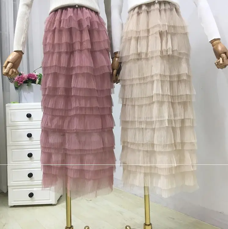 

Women Skirt 2019 Spring Summer Korean Fairy Chic Mesh Skirts Women Sweet Cascading Ruffled Skirts Long Gown Black Cake Skirts