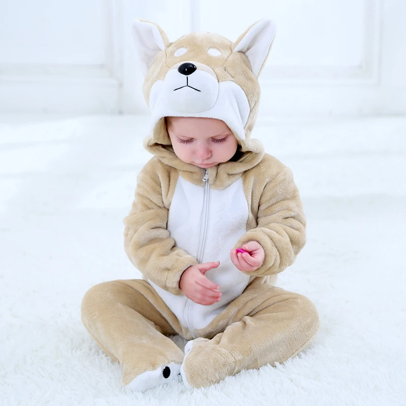 Весенне-осенний комбинезон для новорожденных, длинный рукав фланель, детский комбинезон, комбинезон с рисунком, собака породы Акита, одежда для малышей 0-30 месяцев, для мальчиков и девочек