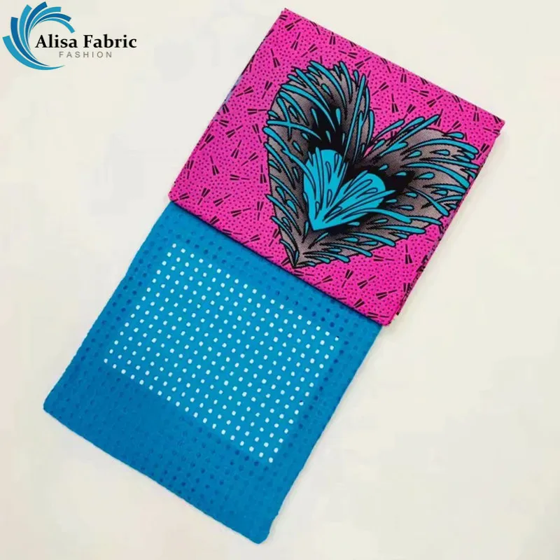 

Alisa 3 Yards Heart-Shaped African Prints Wax 100% Cotton Fabric Match 2.5 Yards Sky Blue Embroidery Swiss Lace Fabric For Dress