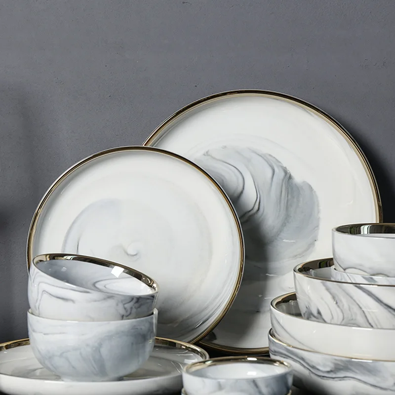 

European Stone Gilt Ceramic Tableware Dishes Dish Set Household Plate Salad Snack Dish Plate