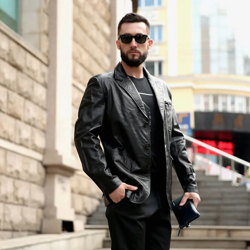 AMSIIKE 2018 Men Formal Coat Genuine Leather Jackets Autumn Black