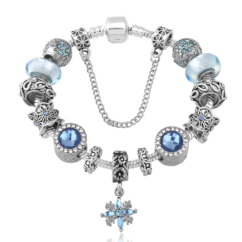 

2019 Fashion Silver Women Friendship Charm Bracelets Bangles Snowflake Pendants Charms Bead fit European Pan bracelets