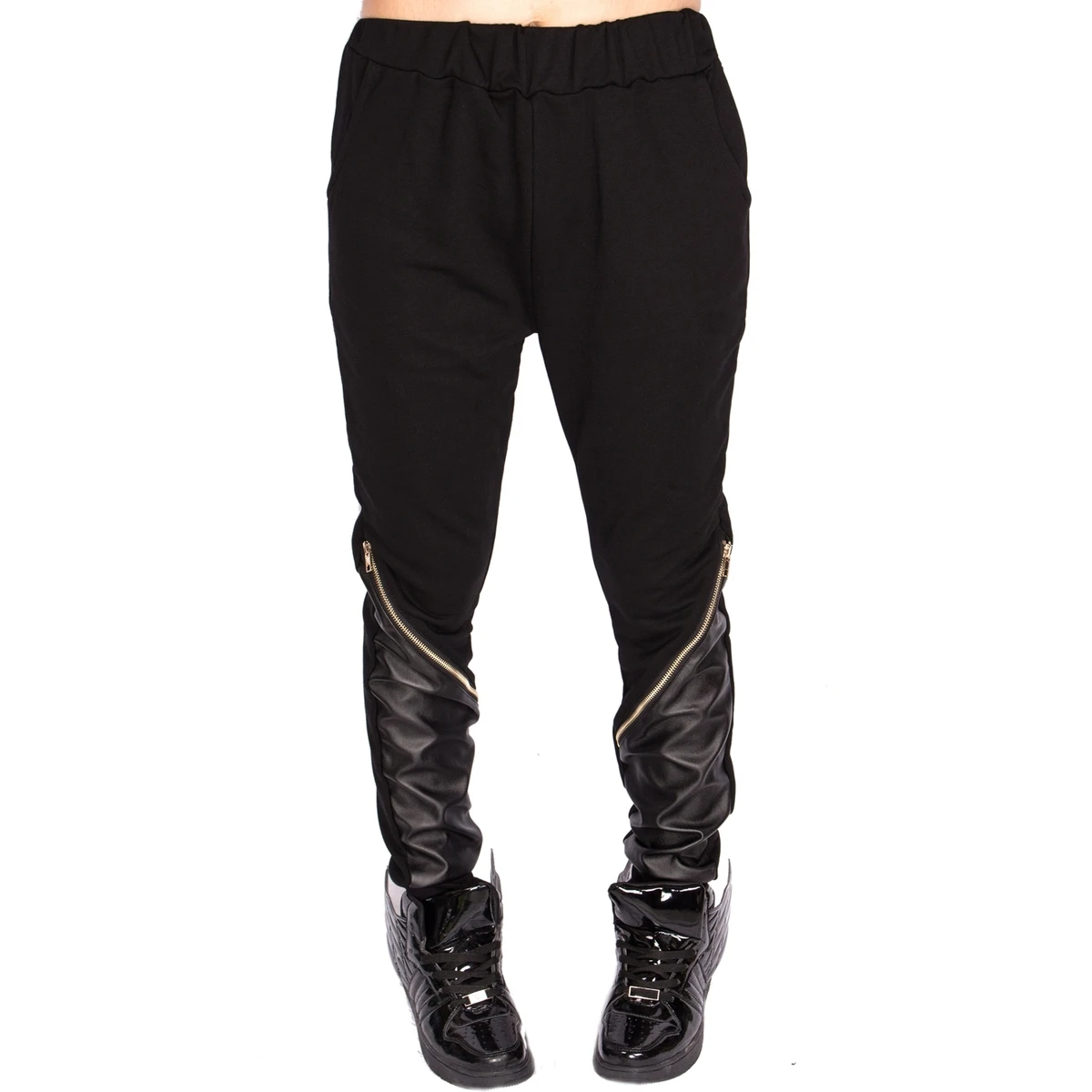 Nové umělé kožené nášivky na zip vložené hip hopové kalhoty Street Street, divoký styl, bavlna, černé hubené kalhoty