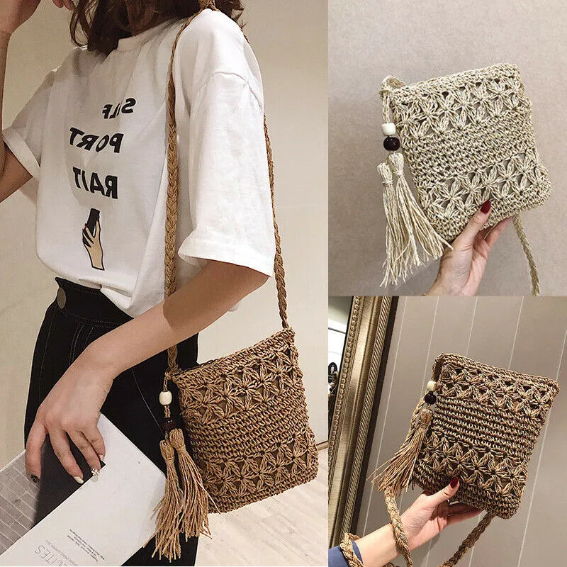 

NoEnName 2019 New Women Summer Tassel Straw Shoulder Bag Rattan Boho HandWoven Beach Crossbody Bags UK