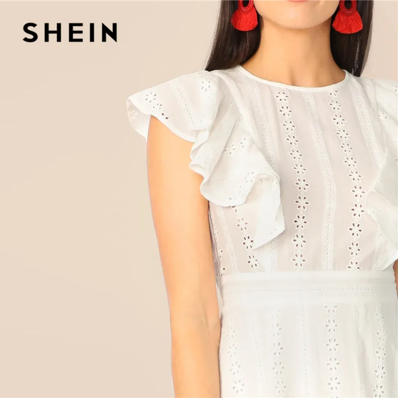 SHEIN белое платье с оборками и отделкой Schiffy Boho, женское однотонное летнее платье без рукавов, Дамское хлопковое ТРАПЕЦИЕВИДНОЕ ПЛАТЬЕ средней длины с высокой талией