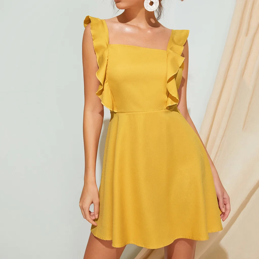 

Fashion Women Solid Square Neck Sleeveless Ruffles Backless Bow Tie Mini Dress elbise vestidos mujer sukienki na wesele damskie
