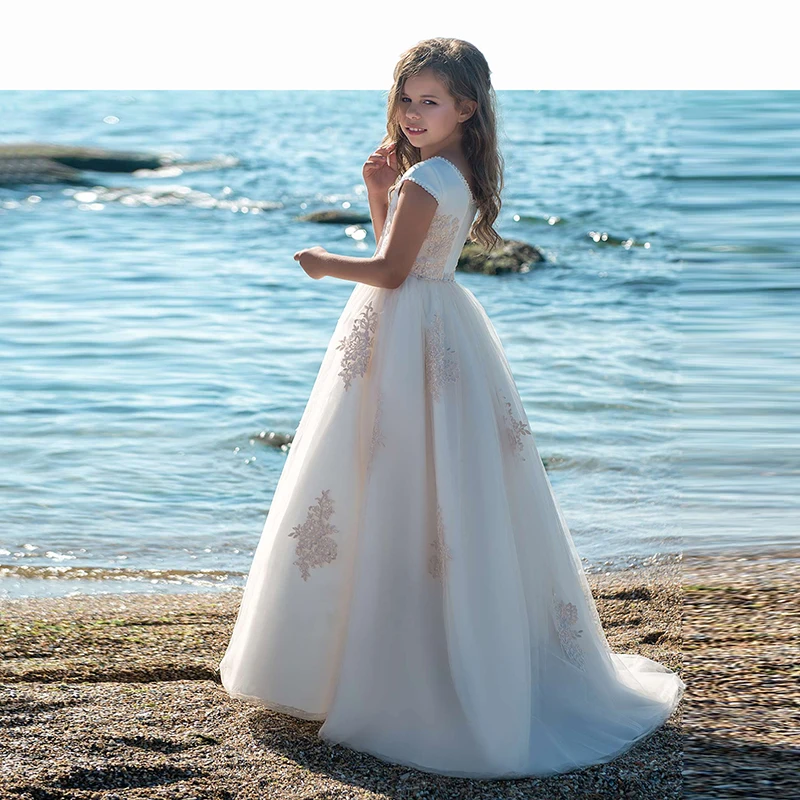 Элегантные вечерние платья в пол для девочек, Vestidos De Primera Comunion, г., платье с цветочным узором для девочек Детские платья для выпускного вечера с кружевной аппликацией, новинка