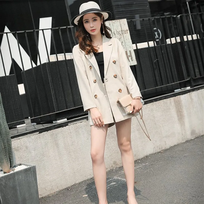 14.1      85、双排扣、Summer Thin Cotton and Linen Casual Set Double Breasted Blazer Jacket and Shorts Pant Suit 2 Pieces Set for Women Chic Outfits
