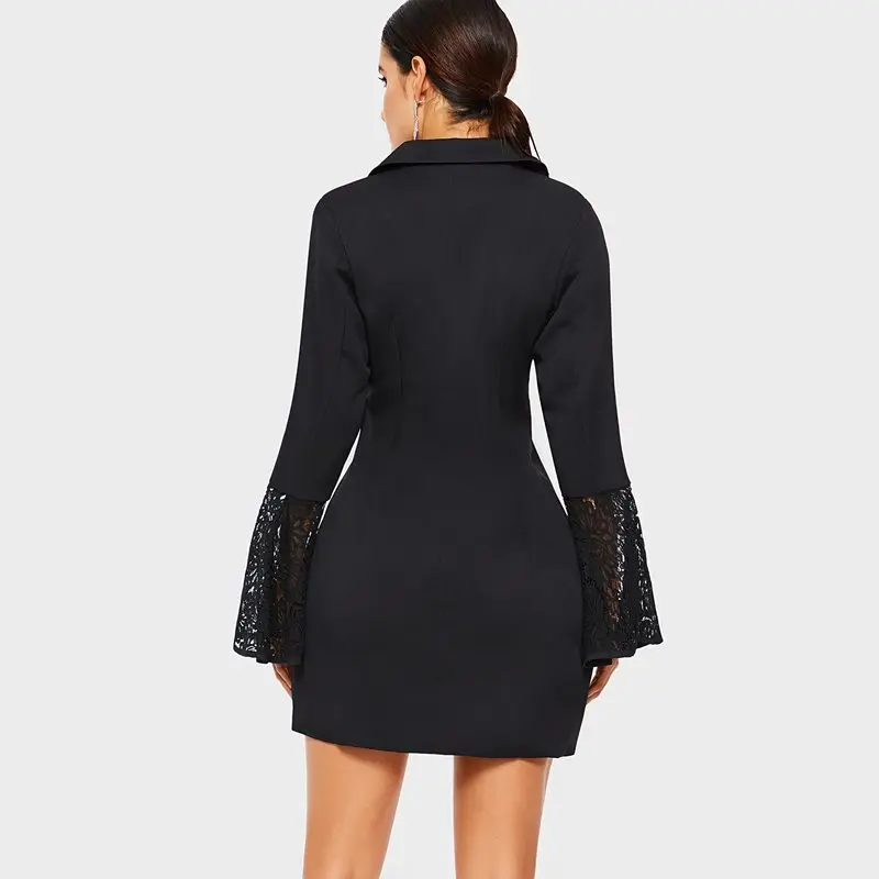 Sexy Blazer Women Black Plus Size Lace Long Flare Sleeve Business Coat Autumn New Elegant Overcoat Female Vintage Office Outwear