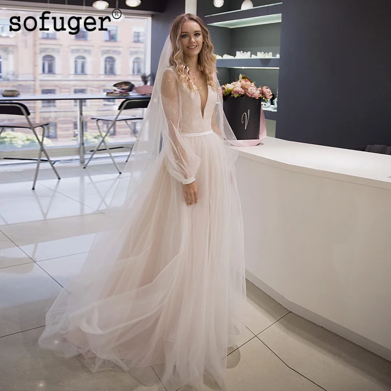 

Ivory Tulle V Neck Puff Sleeves Elegant Wedding Dress Robe De Mariee Sofuge Boho Dubai Arabic Abiti Da Sposa Long Dresses