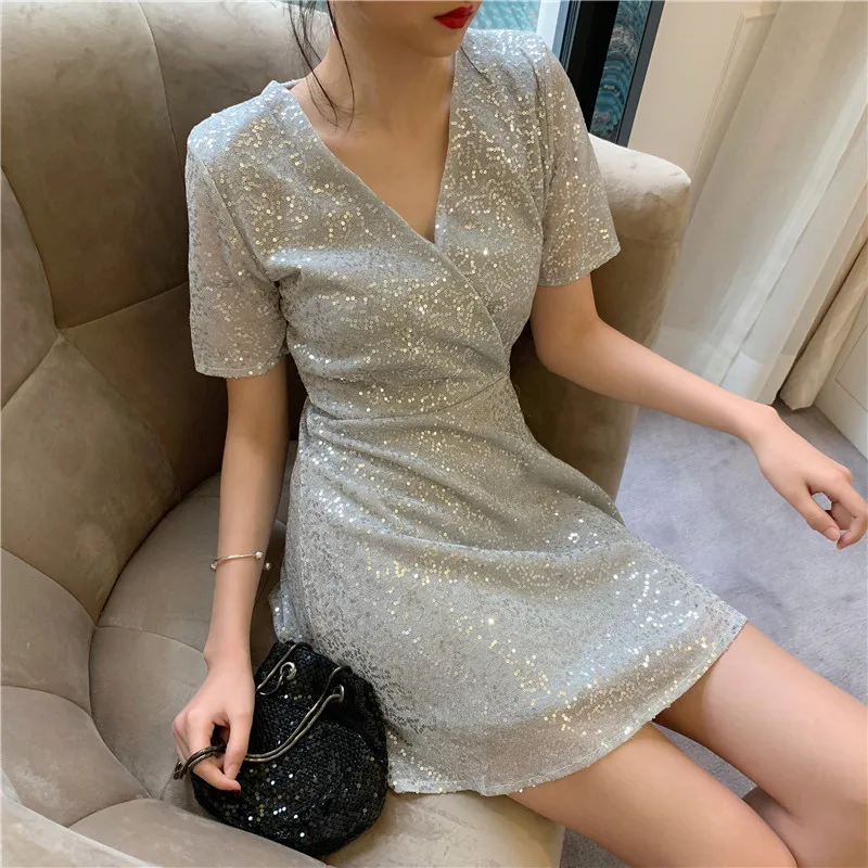sexy style Low-cut moda feminina summer Women's Clothing dresses v-neck club black sequin short dress fashion brands new hot