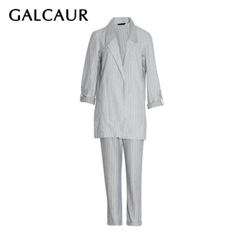 

CALCAUR Casual Striped Women's Set Long Sleeve Blazer Coat High Waist Elastic Trousers Suit Female 2020 Fashion Spring New