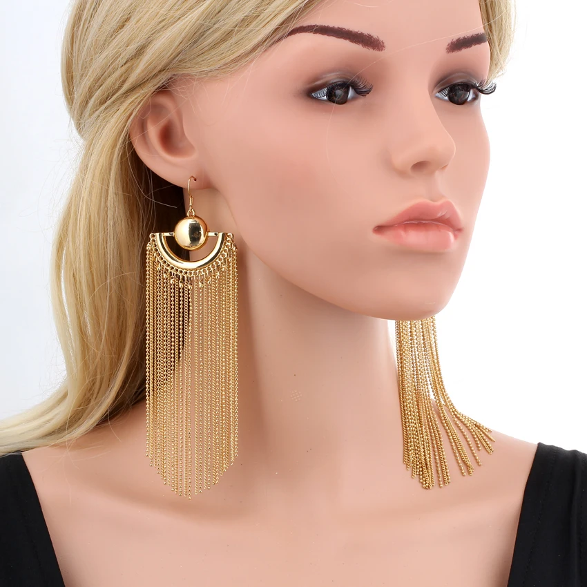 Gold Color Chain Tassel Drop Dangle Long Earrings For Women Large