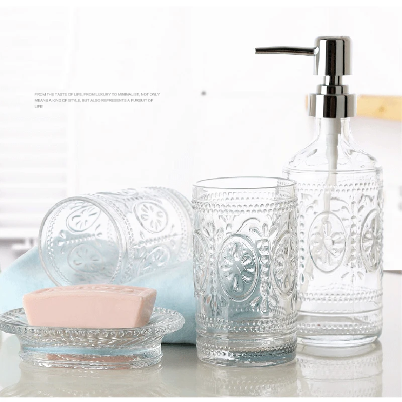 Cup Dish Dispensers Bathroom Set Glass Bath gel Bottle Four piece Set Soap Box Bathroom Tumblers 1 Cup Dish Dispensers Bathroom Set Glass Bath gel Bottle Four piece Set Soap Box Bathroom Tumblers 4