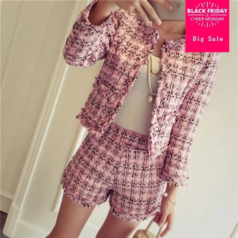 

2019 autumn winter new elegant ladies tweed topss+ shorts 2 piece sets Plaid full sleeve vintage style female coats jackets g979