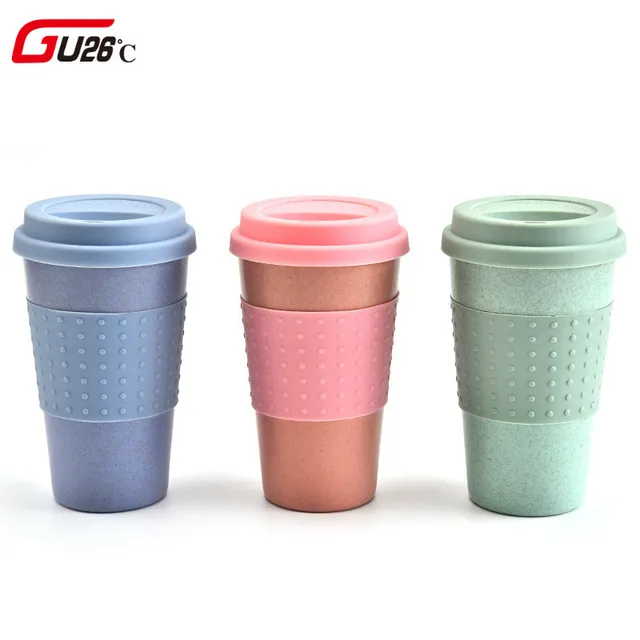 New Wheat Straw Plastic Coffee Cups Travel Pink Green Mug With Lid New Wheat Straw Plastic Coffee Cups Travel Pink Green Mug With Lid Easy Go Cup