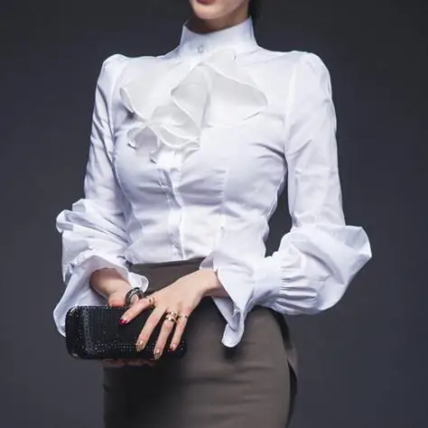 Женская блузка с воротником стойкой оборками и рукавами фонариками|chic blouse|white
