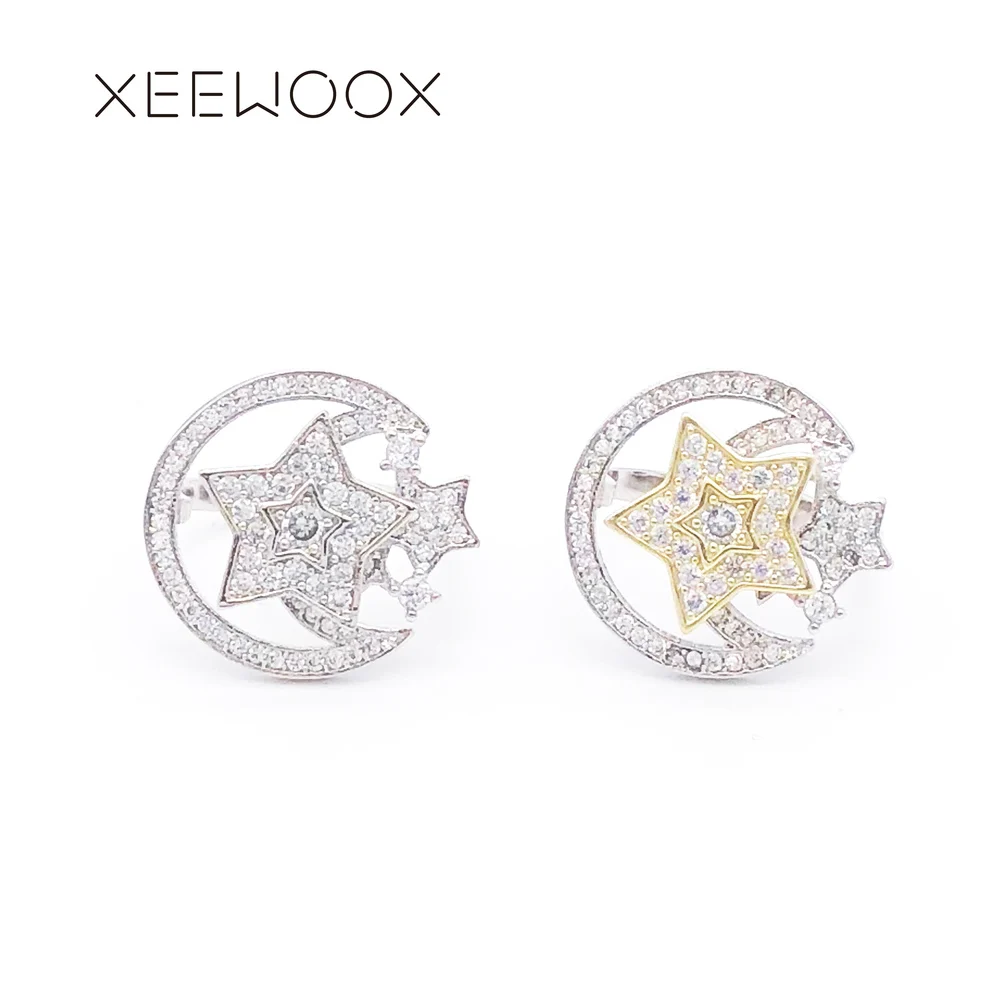 Rotate Moon Star Ring Open XEEWOOX 925 Sterling Silver Zircon Jewelry Woman Gift Fashion Week Designer Creative | Украшения и