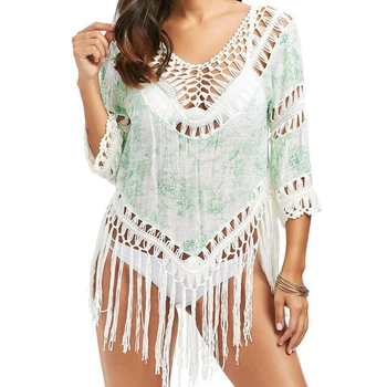 

Women Bohemia Beach Blouse Print Swimwear Bikini Cover up Tassel Crochet Suncreen Smock Hollow Swimsuit Top