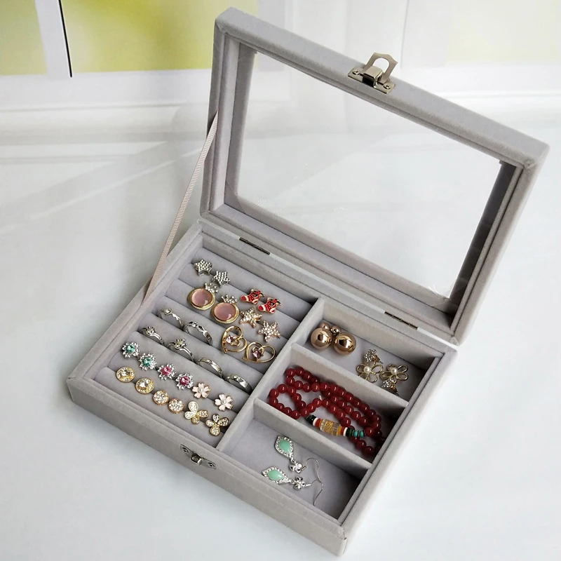 Бархатная шкатулка для ювелирных изделий, прозрачный пылезащитный Органайзер небольшой емкости для Серьга браслет ожерелье, контейнер для хранения бусин