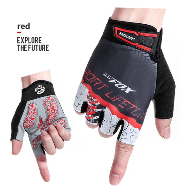 BATFOX мужские и женские перчатки с полупальцами, велосипедные короткие перчатки для горного велосипеда, мужские спортивные перчатки для велоспорта - Цвет: Red