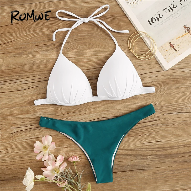 

Romwe Sport Bikinis Set Ruched V neck Halter Top With Hipster Low Rise Bottoms Swimwear Women Summer Sexy Beach Swimsuit