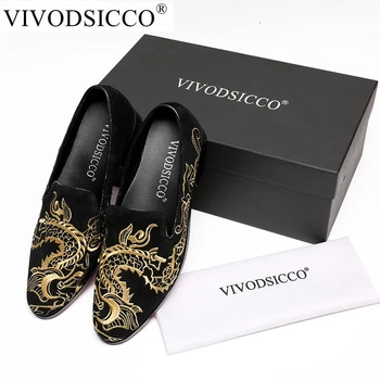 

VIVODSICCO New Embroidery Handmade Men Leather Shoes Men Loafers Wedding Party Shoes Flats Smoking Slipper Casual Driving Shoes