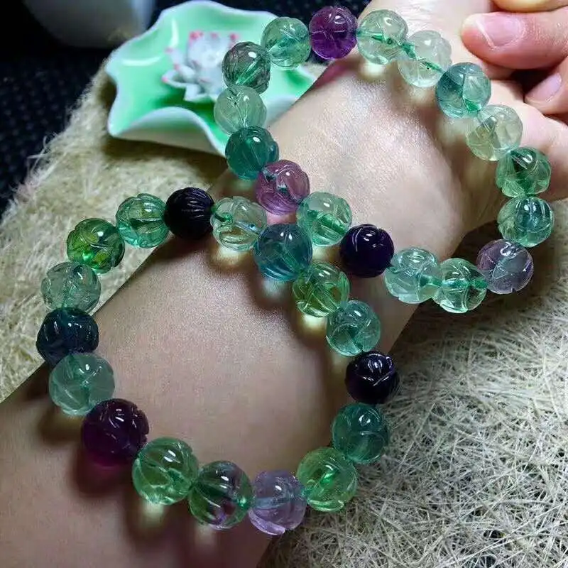 

10mm 12mm Natural Colorful Fluorite Quartz Bracelet Gemstone Flower Carved Beads Men Anniversary Love New Gift Bracelet AAAAA