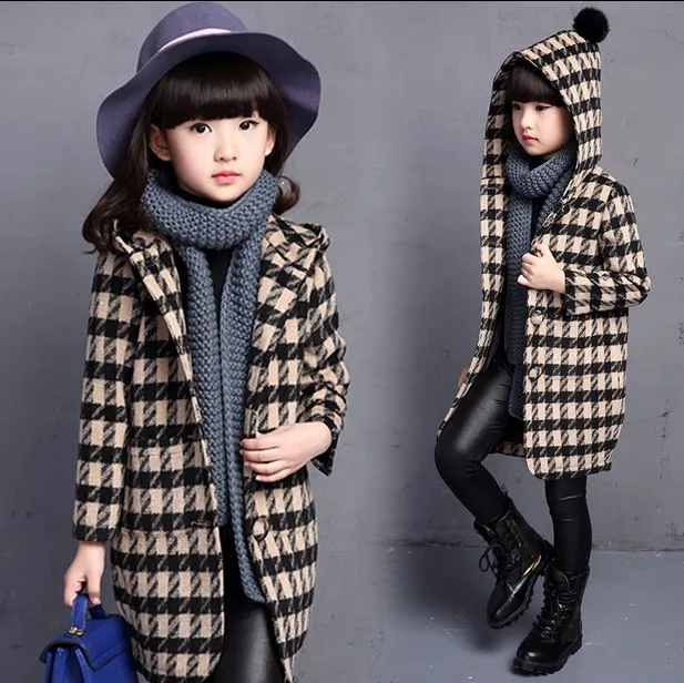 Г., зимнее пальто для девочек Одежда для детей шерстяное пальто для девочек модное высококачественное шерстяное пальто с узором «гусиная лапка» длинное пальто для детей возрастом от 3 до 15 лет