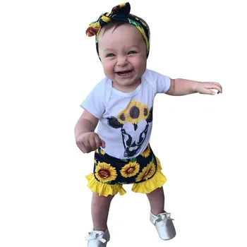 

Baby Toddler Girls Cartoon Printed Romper Sunflowers Floral Shorts Outfits Set In stock Ship immediately
