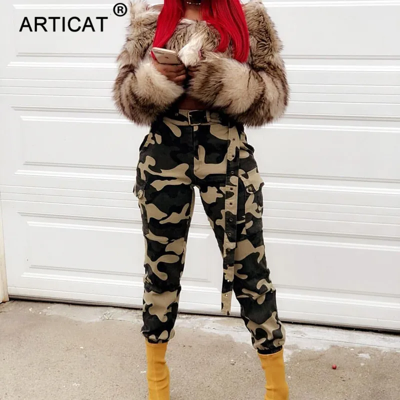 Articat Casual High Waist Military Women Harem Pants 2019 Fashion Loose Belted Pockets Trousers Wom