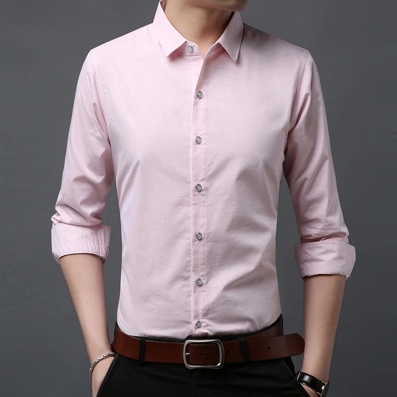 Для мужчин с длинным рукавом рубашка Slim fit 2019 новые весенние однотонные в полоску