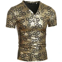 3D Golden Flower print Sexy Muscle Men V neck Bodybuilding Slim Fit short sleeve t shirts Vintage Style men Casual t-shirt MQ275