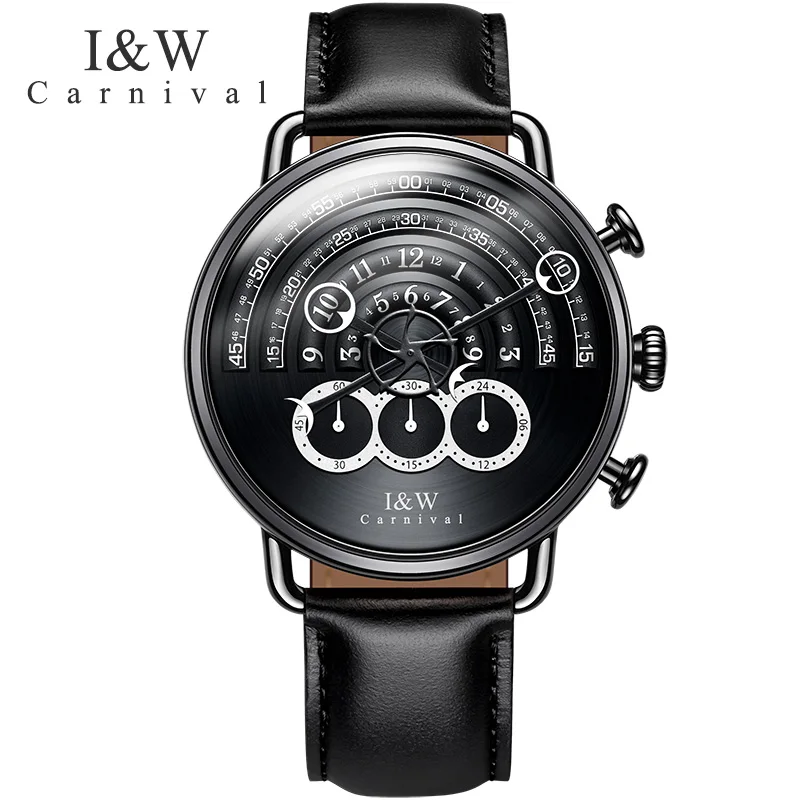 CARNIVAL I& W Avant Sport BigDial кварцевые мужские часы TopBrand Роскошные стимпанк сапфировое зеркало черная кожа водонепроницаемый Montre - Цвет: Черный